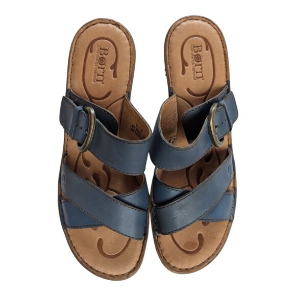 Born | Salina Sandals | Women's 10 | Blue Leather Slip-On Block Heel Adjustable - Picture 2 of 9